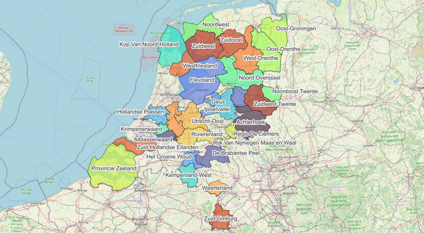Kaart van Nederland met daarop LEADER gebieden aangeduid
